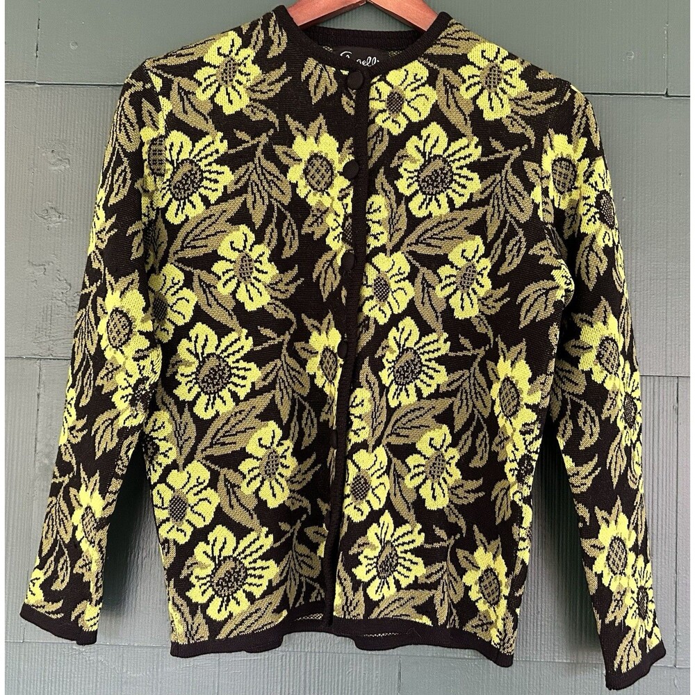 Vintage 60s Angelli Knitting Mills Zephyr Wool Floral Cardigan Green Black Small